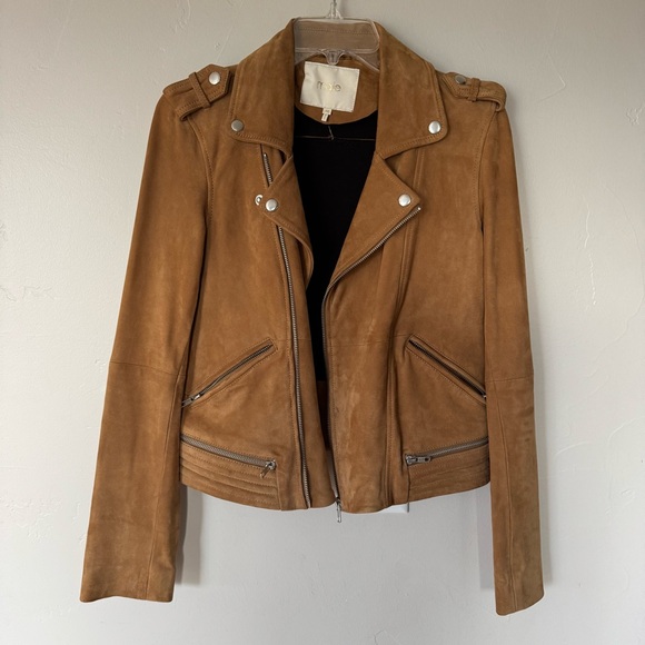 Maje Tan Caramel Brown Goat Suede Women's Biker Jacket Size 40